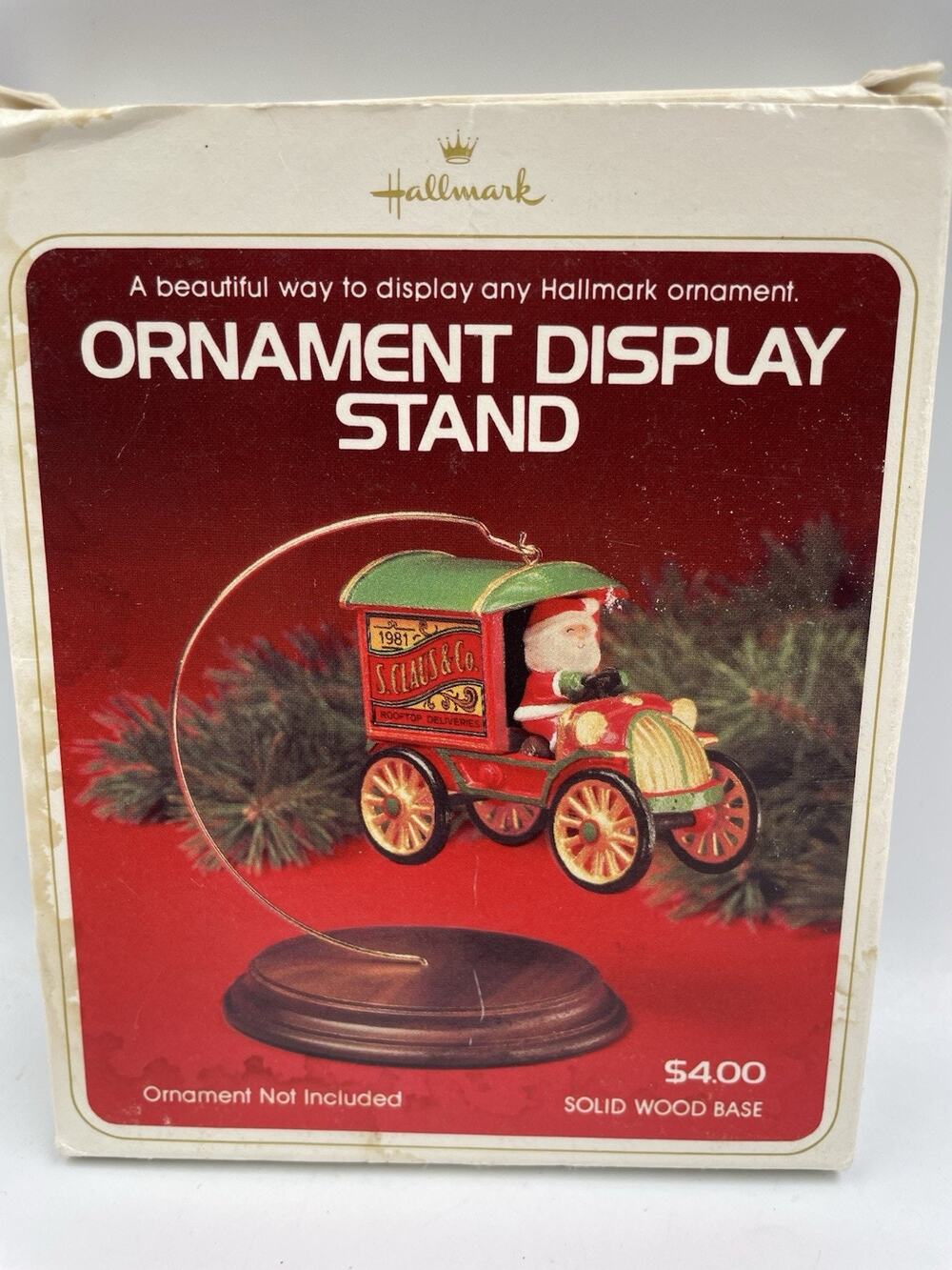 Vintage Hallmark Ornament Display Stand w/Wood Base & Goldtone Hook 1980s W Box